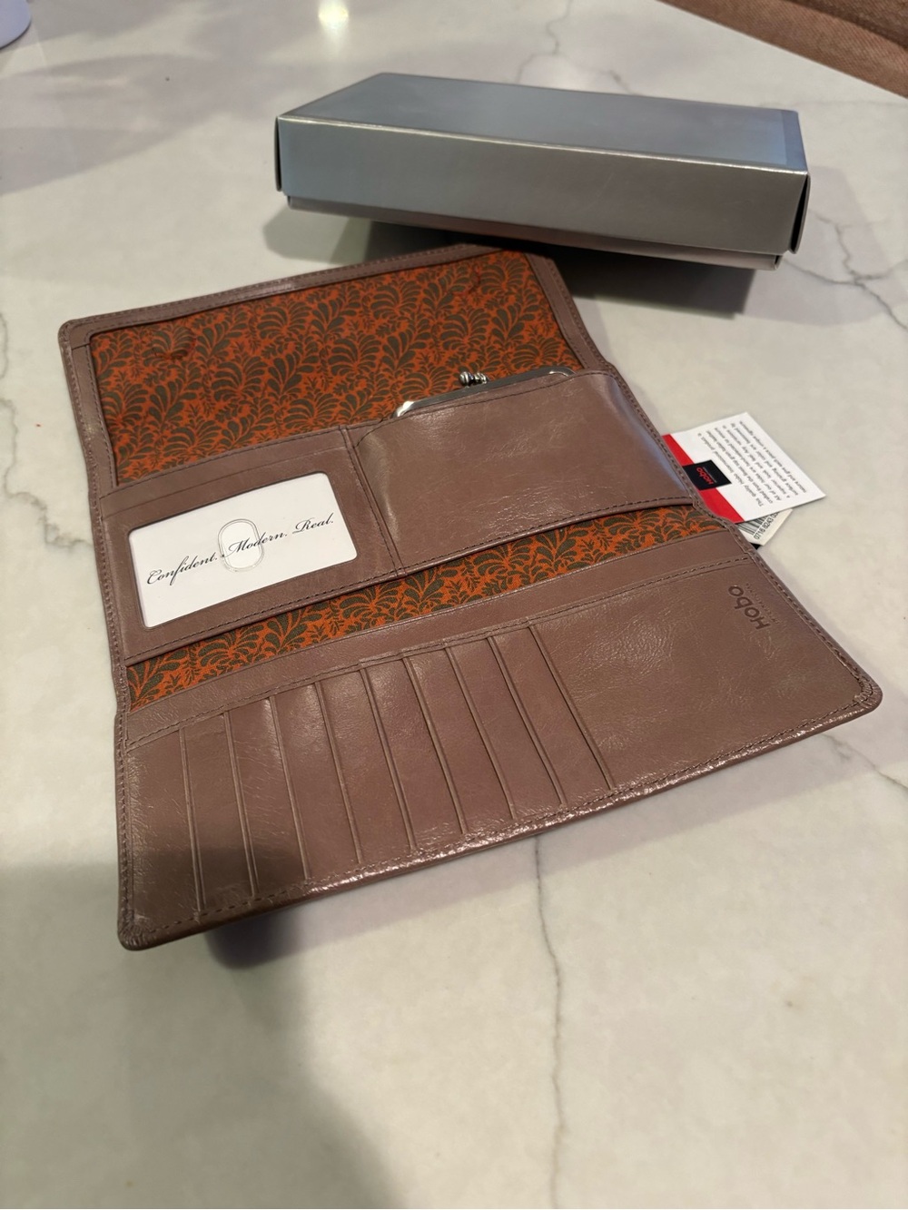 HOBO Taupe Leather Long Wallet with Orange Patterned Interior